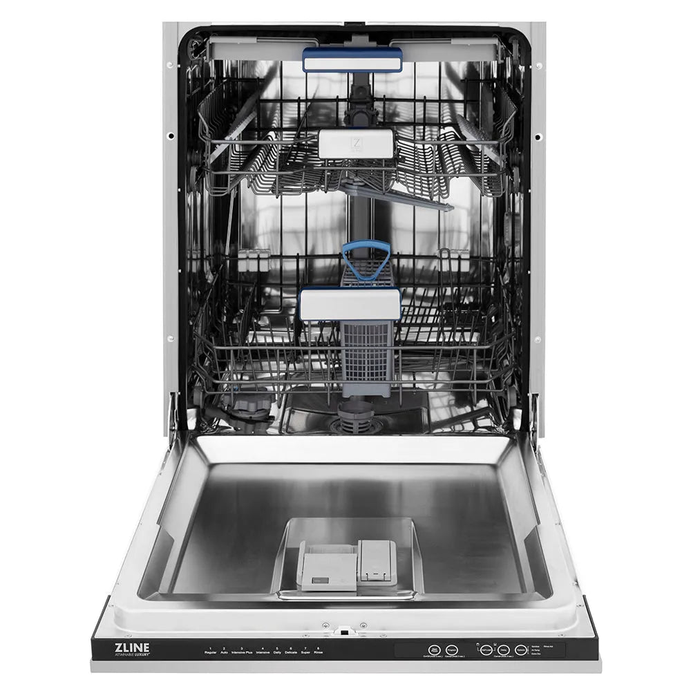 ZLINE 24 in. Tallac Series 3rd Rack Tall Tub Dishwasher in Stainless Steel, 51dBa (DWV-304-24) front, open.