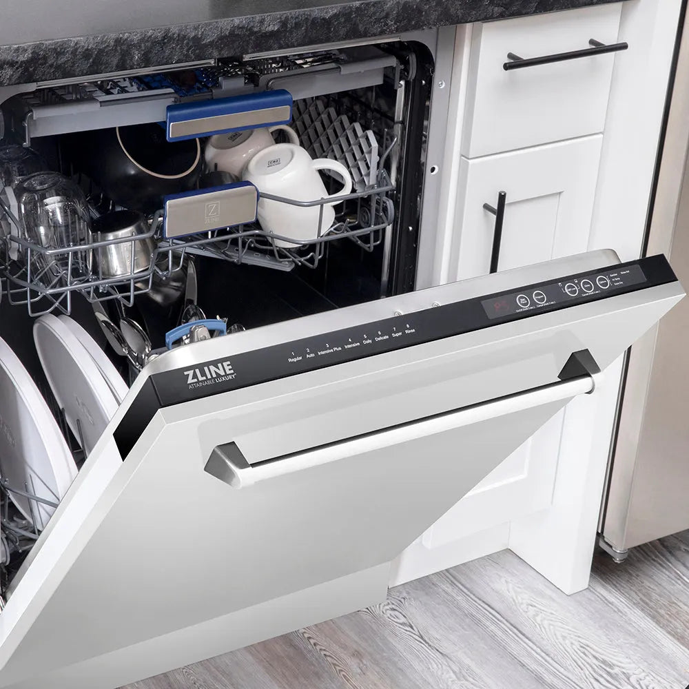 Open ZLINE 24 in. Tallac Series 3rd Rack Tall Tub Dishwasher in Stainless Steel, 51dBa (DWV-304-24) with clean dishes inside, showing brand logo.