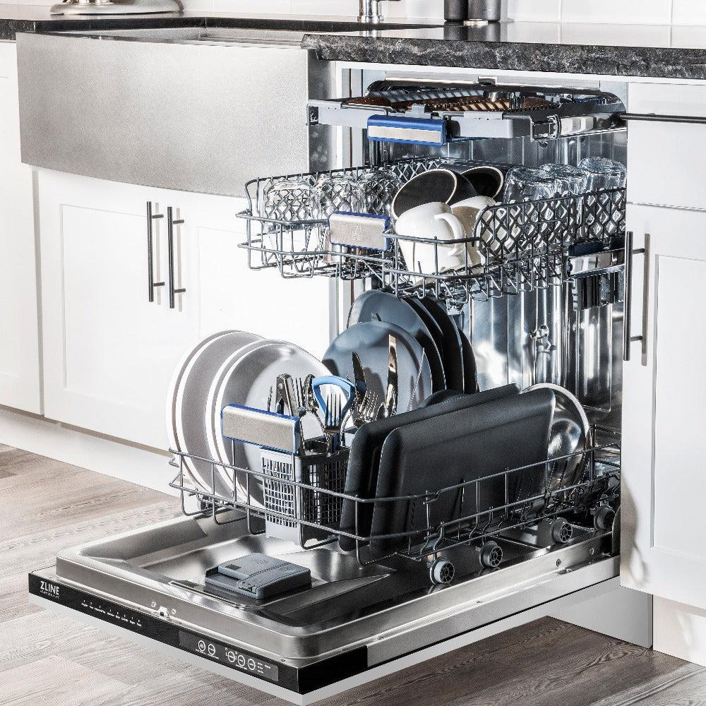 ZLINE 24 in. Tallac Series 3rd Rack Dishwasher in Stainless Steel with Traditional Handle, 51dBa (DWV-304-24) side, open, in a luxury kitchen with dishes loaded on racks.