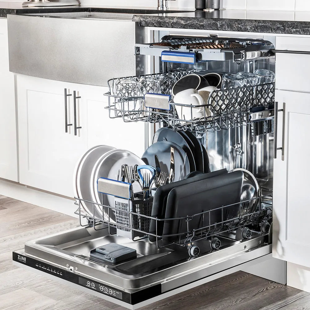 Open ZLINE 24 in. Tallac Series 3rd Rack Tall Tub Dishwasher in Stainless Steel, 51dBa (DWV-304-24) with clean dishes in a kitchen setting