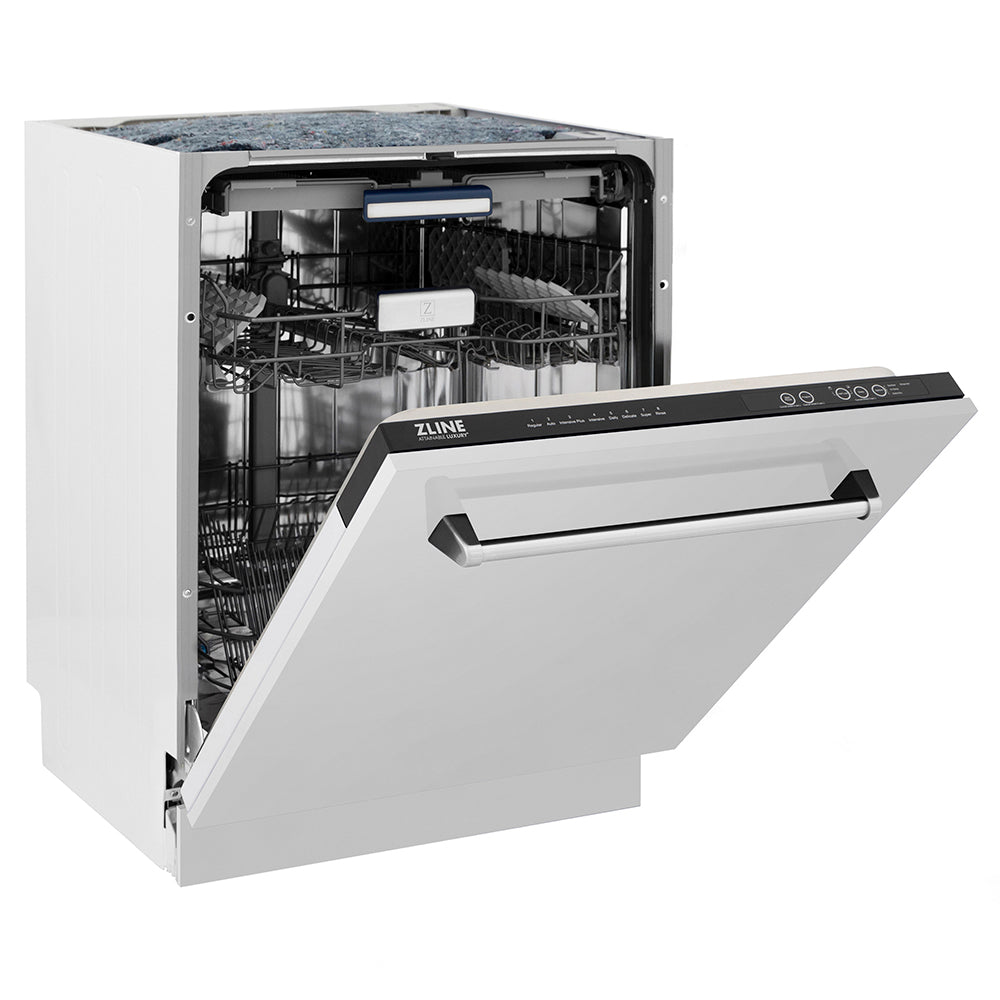 ZLINE 24 in. Tallac Series 3rd Rack Tall Tub Dishwasher in Stainless Steel, 51dBa (DWV-304-24) side, half open.