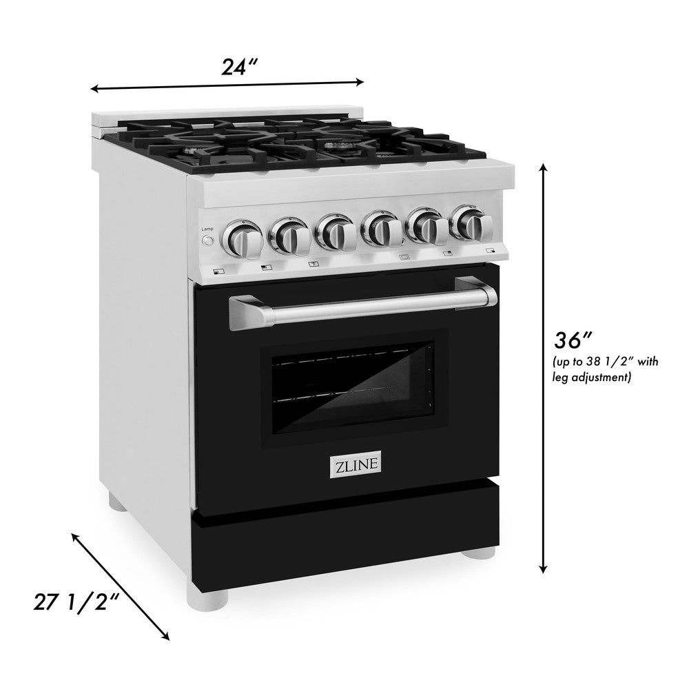 ZLINE 24 in. 2.8 cu. ft. Legacy Dual Fuel Range with 4 Burner Gas Cooktop and Electric Convection Oven in Stainless Steel and Black Matte Door (RA-BLM-24) dimensional diagram.