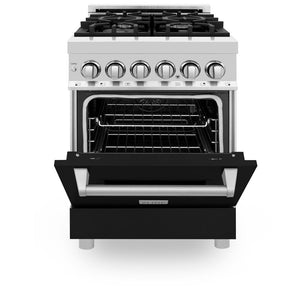 ZLINE 24 in. 2.8 cu. ft. Legacy Dual Fuel Range with 4 Burner Gas Cooktop and Electric Convection Oven in Stainless Steel and Black Matte Door (RA-BLM-24) front, oven half open.