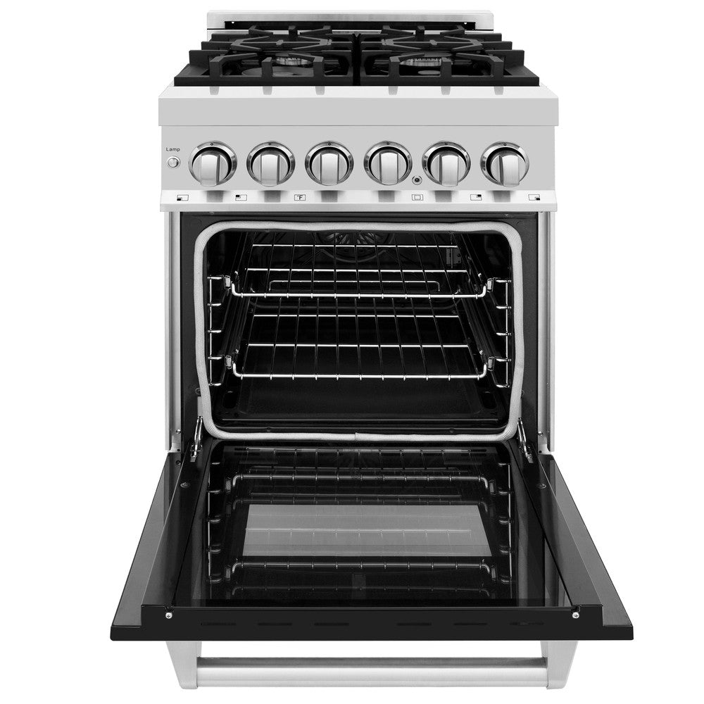 ZLINE 24 in. 2.8 cu. ft. Legacy Dual Fuel Range with 4 Burner Gas Cooktop and Electric Convection Oven in Stainless Steel and Black Matte Door (RA-BLM-24) front, oven open.