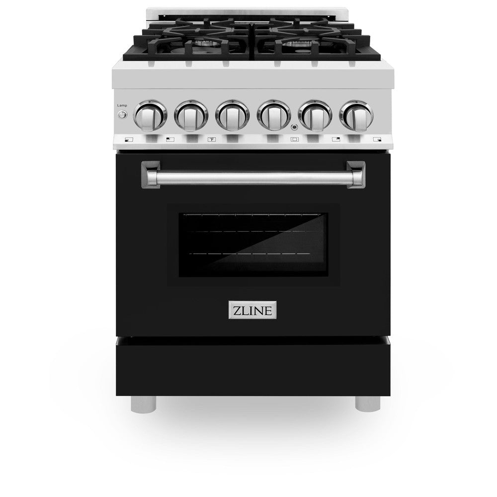 ZLINE 24 in. 2.8 cu. ft. Legacy Dual Fuel Range with 4 Burner Gas Cooktop and Electric Convection Oven in Stainless Steel and Black Matte Door (RA-BLM-24) front, oven closed.