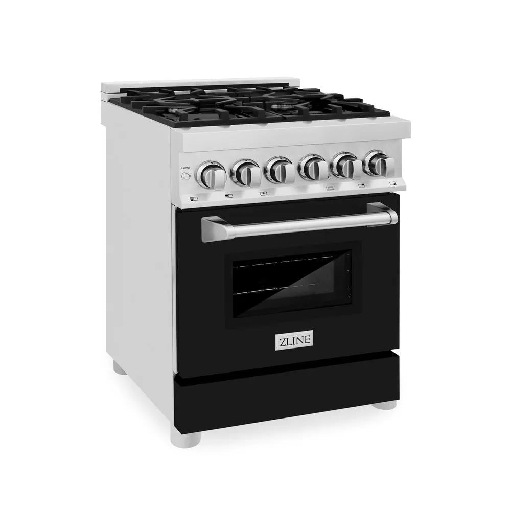 ZLINE 24 in. 2.8 cu. ft. Legacy Dual Fuel Range with 4 Burner Gas Cooktop and Electric Convection Oven in Stainless Steel and Black Matte Door (RA-BLM-24) main image.