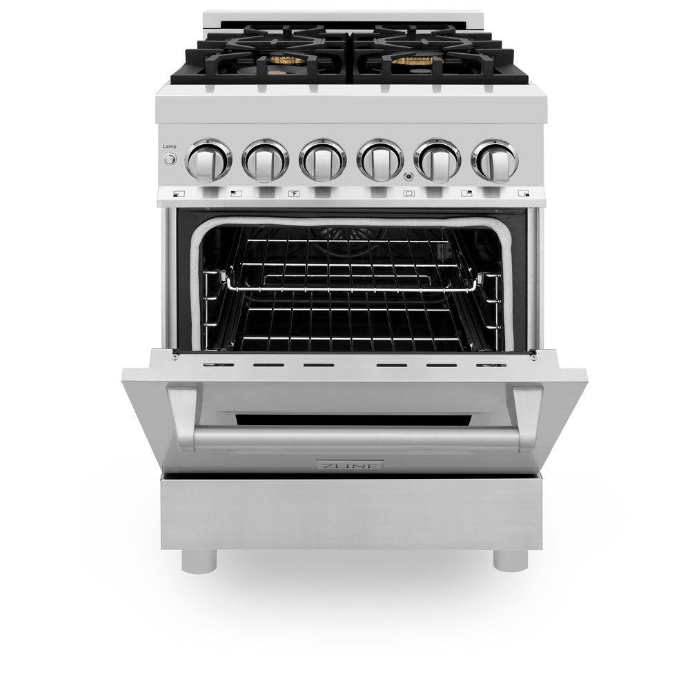 ZLINE 24 in. 2.8 cu. ft. Legacy Dual Fuel Range with Gas Cooktop and Electric Convection Oven in Stainless Steel with 4 Brass Burners (RA-BR-24) front, oven half open.