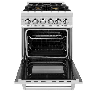 ZLINE 24 in. 2.8 cu. ft. Legacy Dual Fuel Range with Gas Cooktop and Electric Convection Oven in Stainless Steel with 4 Brass Burners (RA-BR-24) front, open.
