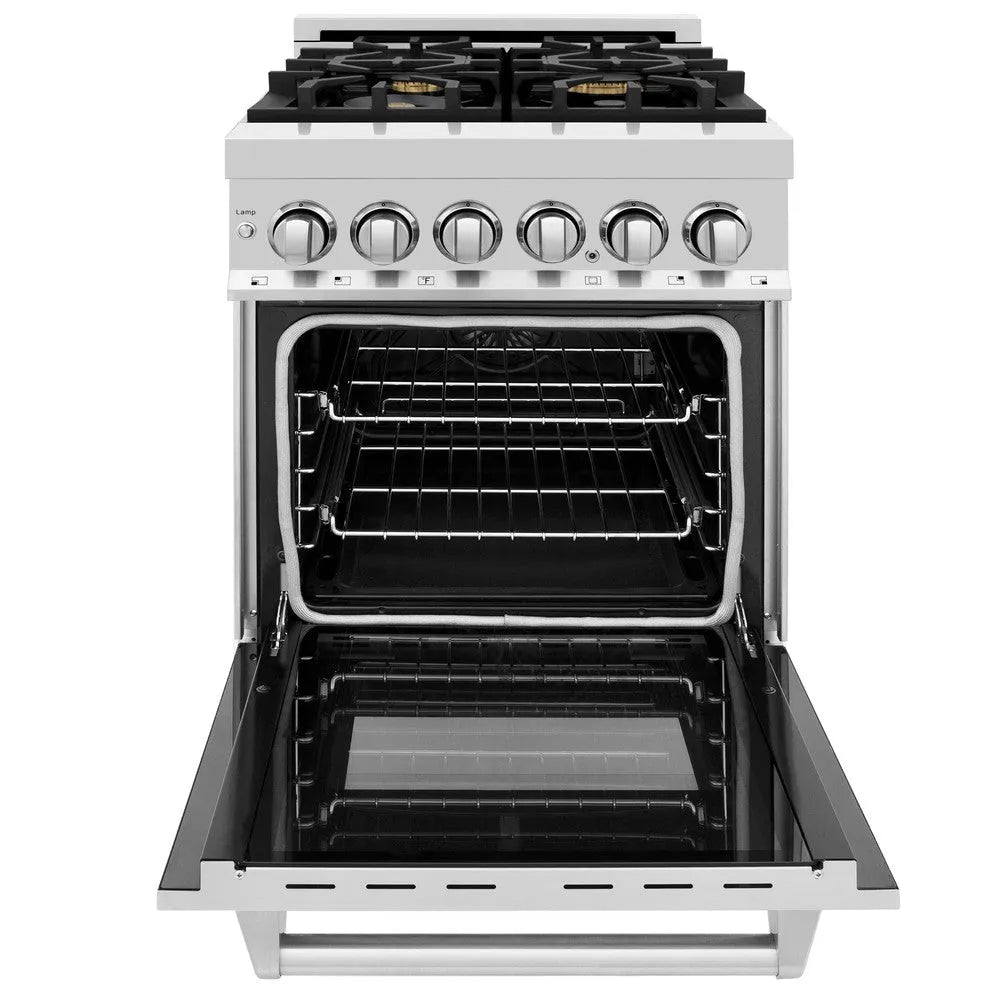 ZLINE 24 in. 2.8 cu. ft. Legacy Dual Fuel Range with Gas Cooktop and Electric Convection Oven in Stainless Steel with 4 Brass Burners (RA-BR-24) front, open.