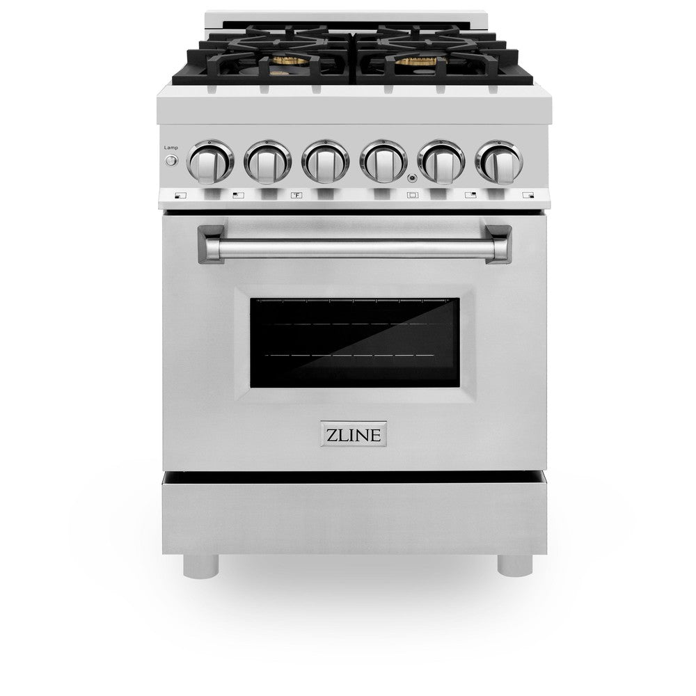 ZLINE 24 in. 2.8 cu. ft. Legacy Dual Fuel Range with Gas Cooktop and Electric Convection Oven in Stainless Steel with 4 Brass Burners (RA-BR-24) front, oven closed.