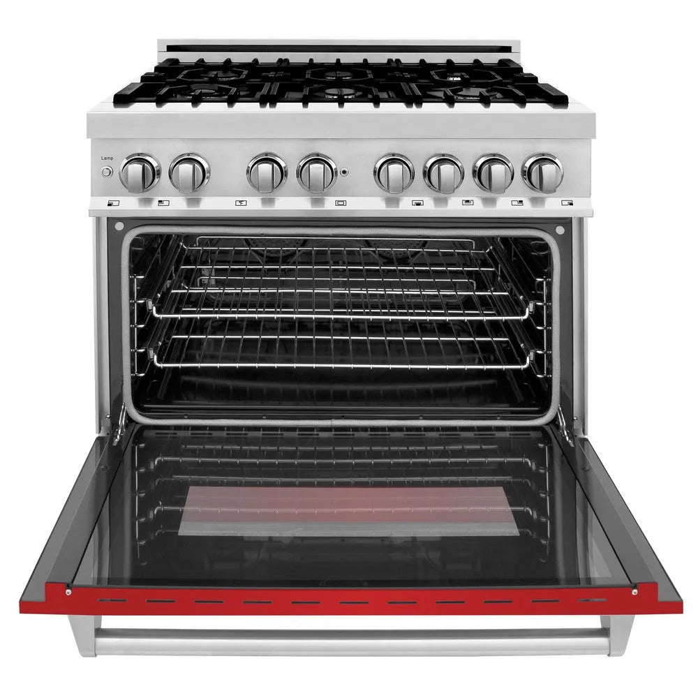 ZLINE 36 in. 4.6 cu. ft. Legacy Dual Fuel Range with 6 Burner Gas Cooktop and Electric Convection Oven in Stainless Steel and Red Matte Door (RA-RM-36) front, open.