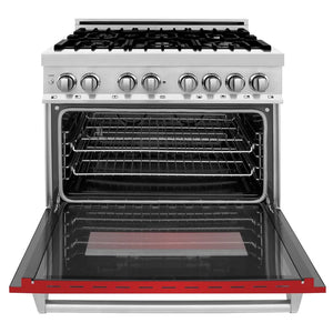 ZLINE 36 in. 4.6 cu. ft. Legacy Dual Fuel Range with 6 Burner Gas Cooktop and Electric Convection Oven in Stainless Steel and Red Matte Door (RA-RM-36) front, open.