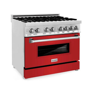 ZLINE 36 in. 4.6 cu. ft. Legacy Dual Fuel Range with 6 Burner Gas Cooktop and Electric Convection Oven in Stainless Steel and Red Matte Door (RA-RM-36) main image.