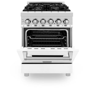 ZLINE 24 in. 2.8 cu. ft. Legacy Dual Fuel Range with 4 Burner Gas Cooktop and Electric Convection Oven in Stainless Steel and White Matte Door (RA-WM-24) front, oven half open.