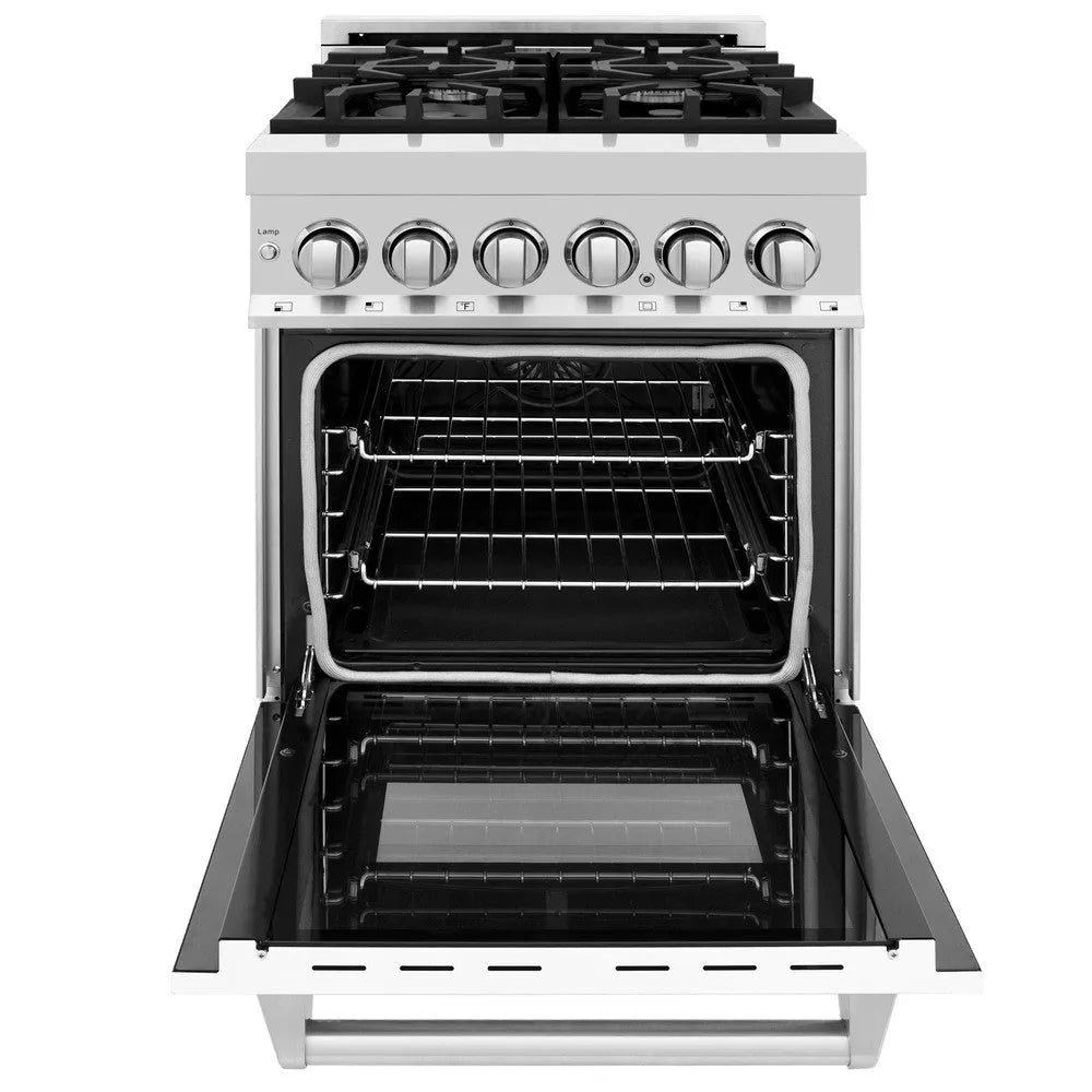 ZLINE 24 in. 2.8 cu. ft. Legacy Dual Fuel Range with 4 Burner Gas Cooktop and Electric Convection Oven in Stainless Steel and White Matte Door (RA-WM-24) front, open.