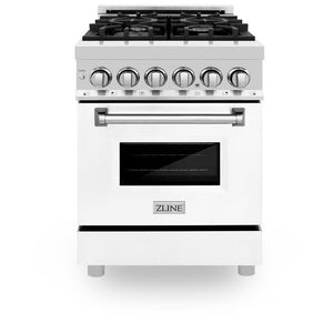 ZLINE 24 in. 2.8 cu. ft. Legacy Dual Fuel Range with 4 Burner Gas Cooktop and Electric Convection Oven in Stainless Steel and White Matte Door (RA-WM-24) front, oven closed.