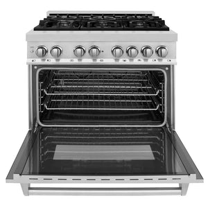 ZLINE 36 in. Kitchen Package with Stainless Steel Dual Fuel Range, Convertible Vent Range Hood and Microwave Drawer (3KP-RARH36-MW) front, open.
