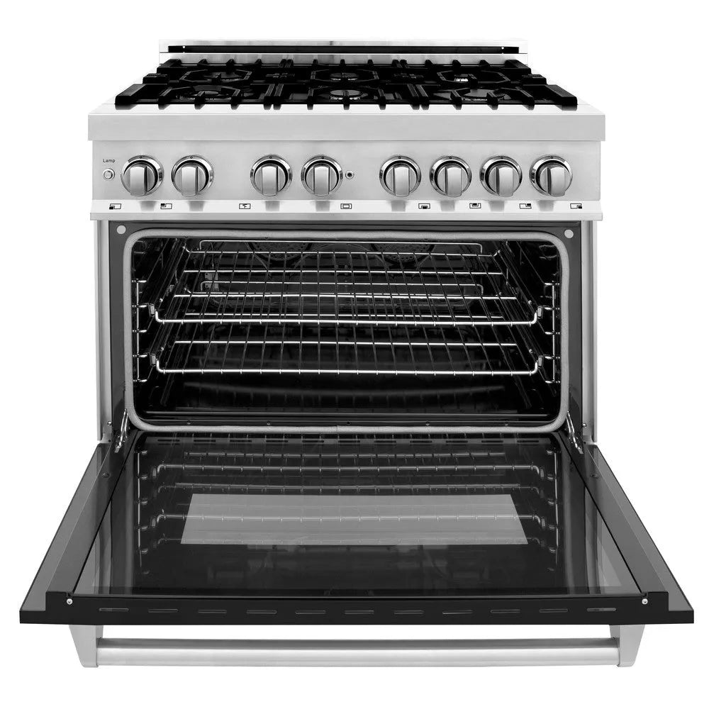 ZLINE 36 in. Kitchen Package with Stainless Steel Dual Fuel Range with Black Matte Door and Convertible Vent Range Hood (2KP-RABLMRH36) front, open.