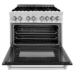 ZLINE 36 in. Kitchen Package with Stainless Steel Dual Fuel Range with Black Matte Door and Convertible Vent Range Hood (2KP-RABLMRH36) front, open.