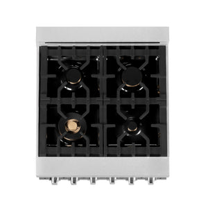 ZLINE 24 in. 2.8 cu. ft. Legacy Dual Fuel Range with Gas Cooktop and Electric Convection Oven in Satin Stainless Steel with 4 Brass Burners (RAS-SN-BR-24) top-down, above cooktop.