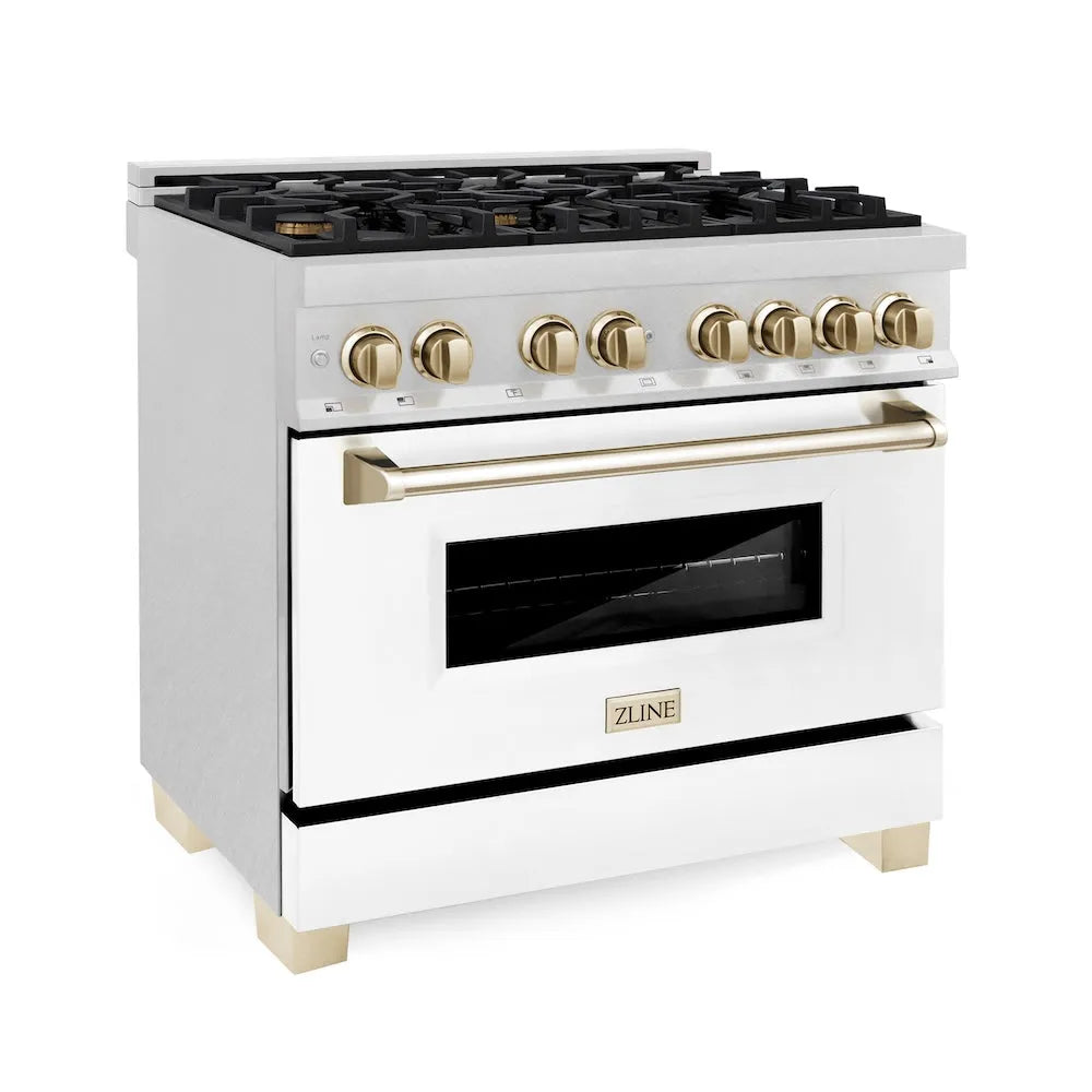 ZLINE Autograph Edition 36 in. 4.6 cu. ft. Legacy Dual Fuel Range with 6 Burner Gas Cooktop and Electric Convection Oven in Satin Stainless Steel with White Matte Door and Polished Gold Accents (RASZ-WM-36-G) main image.