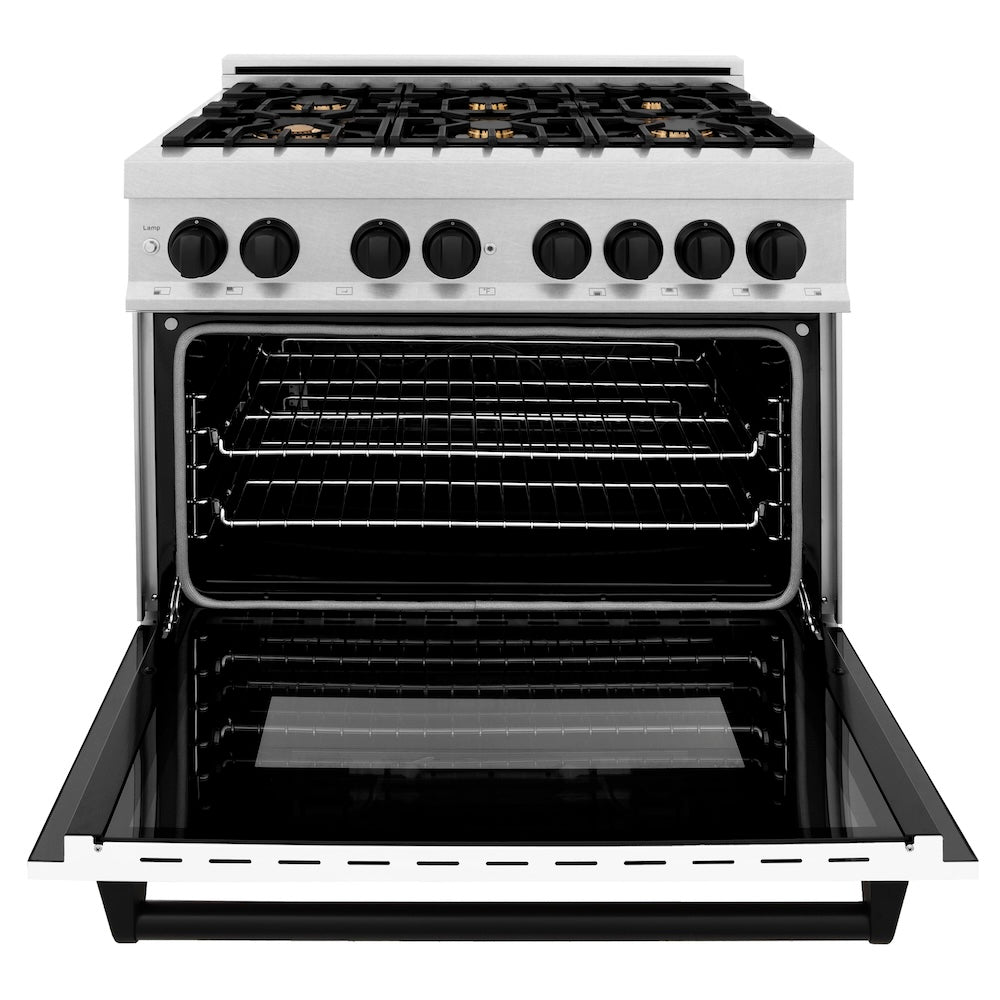 ZLINE Autograph Edition 36 in. 4.6 cu. ft. Legacy Dual Fuel Range with 6 Burner Gas Cooktop and Electric Convection Oven in Satin Stainless Steel with White Matte Door and Matte Black Accents (RASZ-WM-36-MB) front, open.
