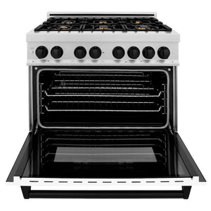 ZLINE Autograph Edition 36 in. 4.6 cu. ft. Legacy Dual Fuel Range with 6 Burner Gas Cooktop and Electric Convection Oven in Satin Stainless Steel with White Matte Door and Matte Black Accents (RASZ-WM-36-MB) front, open.