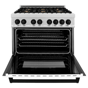 ZLINE Autograph Edition 36 in. 4.6 cu. ft. Legacy Dual Fuel Range with 6 Burner Gas Cooktop and Electric Convection Oven in Satin Stainless Steel with White Matte Door and Matte Black Accents (RASZ-WM-36-MB) front, open.