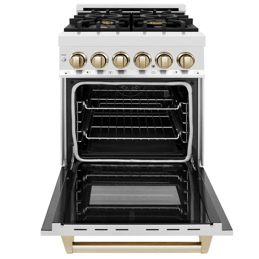 ZLINE Autograph Edition 24 in. 2.8 cu. ft. Legacy Dual Fuel Range with 4 Burner Gas Cooktop and Electric Convection Oven in Stainless Steel and Polished Gold Accents (RAZ-24-G) front, open.