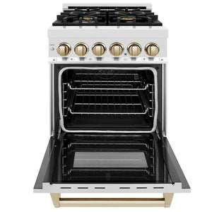 ZLINE Autograph Edition 24 in. 2.8 cu. ft. Legacy Dual Fuel Range with 4 Burner Gas Cooktop and Electric Convection Oven in Stainless Steel and Polished Gold Accents (RAZ-24-G) front, open.