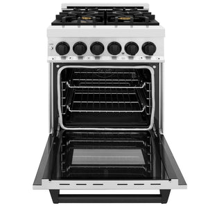 ZLINE Autograph Edition 24 in. 2.8 cu. ft. Legacy Dual Fuel Range with 4 Burner Gas Cooktop and Electric Convection Oven in Stainless Steel and Matte Black Accents (RAZ-24-MB) front, open.