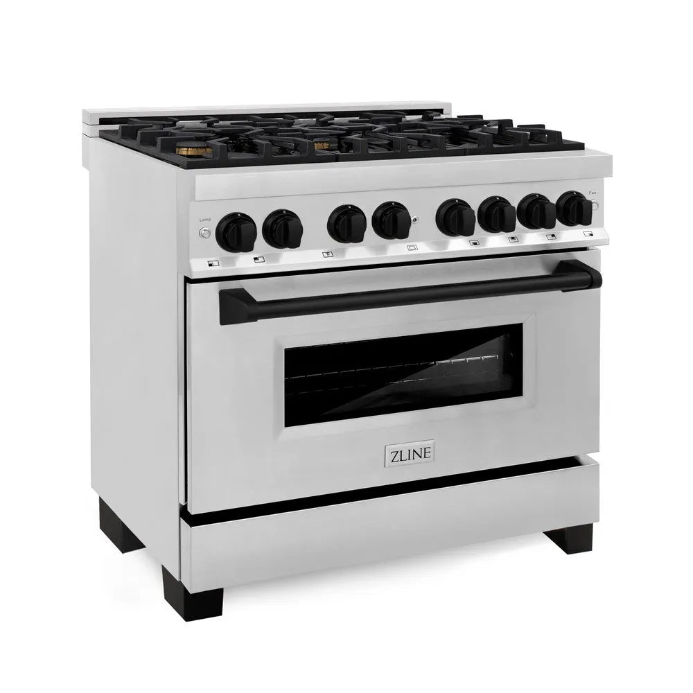 ZLINE Autograph Edition 36 in. 4.6 cu. ft. Legacy Dual Fuel Range with 6 Burner Gas Cooktop and Electric Convection Oven in Stainless Steel and Matte Black Accents (RAZ-36-MB) main image.