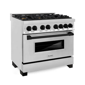 ZLINE Autograph Edition 36 in. 4.6 cu. ft. Legacy Dual Fuel Range with 6 Burner Gas Cooktop and Electric Convection Oven in Stainless Steel and Matte Black Accents (RAZ-36-MB) main image.