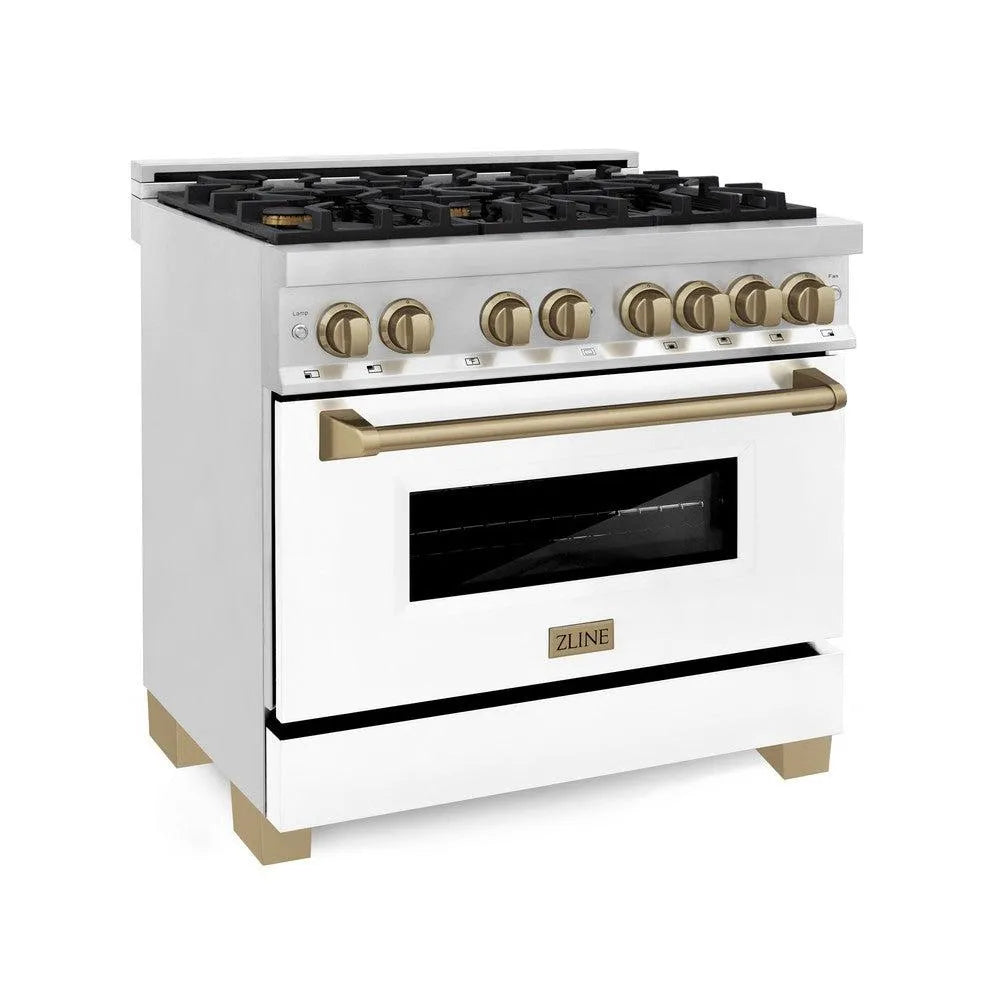 ZLINE Autograph Edition 36 in. 4.6 cu. ft. Legacy Dual Fuel Range with 6 Burner Gas Cooktop and Electric Convection Oven in Stainless Steel with White Matte Door and Champagne Bronze Accents (RAZ-WM-36-CB) main image.