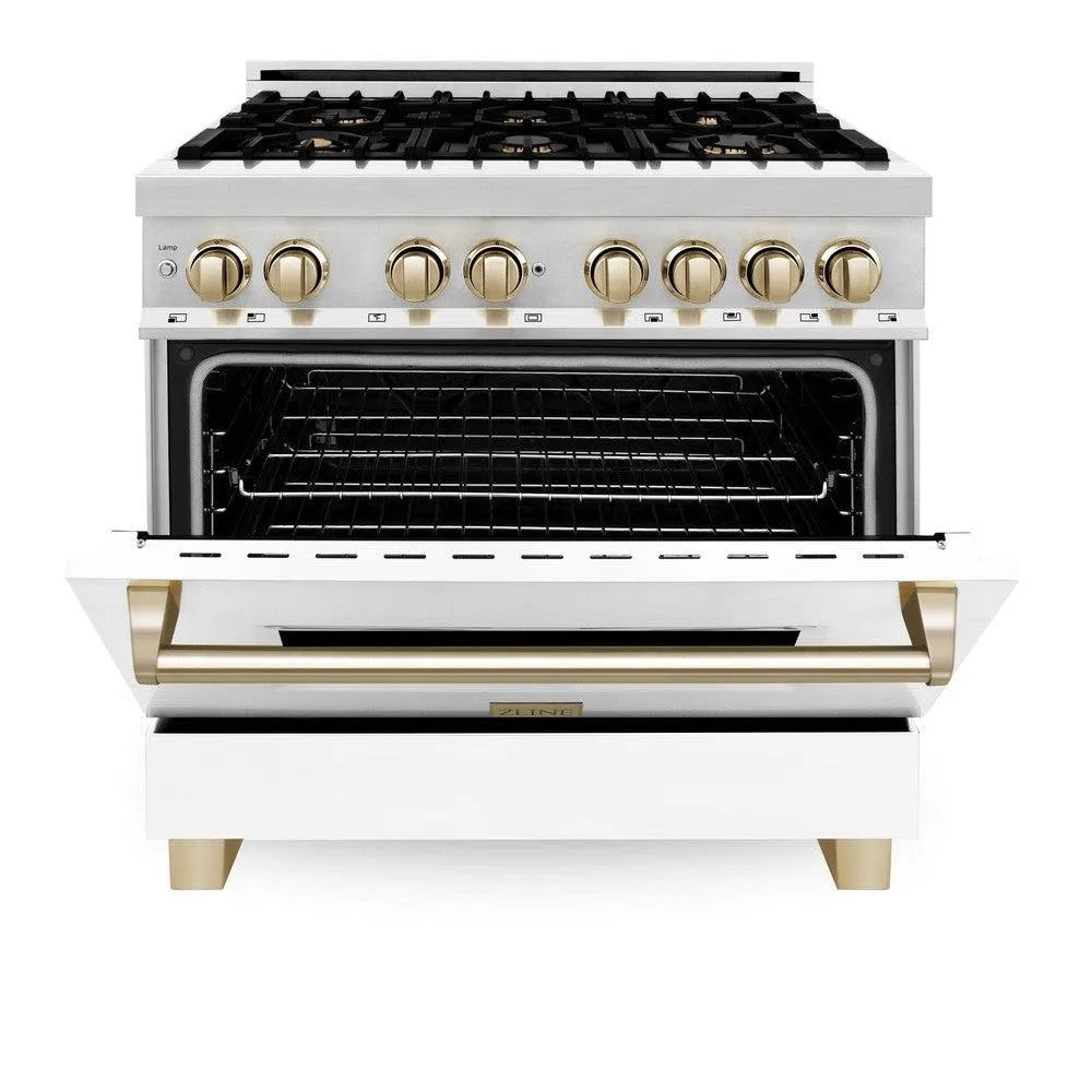 ZLINE Autograph Edition 36 in. 4.6 cu. ft. Legacy Dual Fuel Range with 6 Burner Gas Cooktop and Electric Convection Oven in Stainless Steel with White Matte Door and Polished Gold Accents (RAZ-WM-36-G) front, oven half open.
