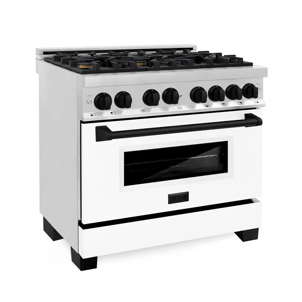 ZLINE Autograph Edition 36 in. 4.6 cu. ft. Legacy Dual Fuel Range with 6 Burner Gas Cooktop and Electric Convection Oven in Stainless Steel with White Matte Door and Matte Black Accents (RAZ-WM-36-MB) main image.