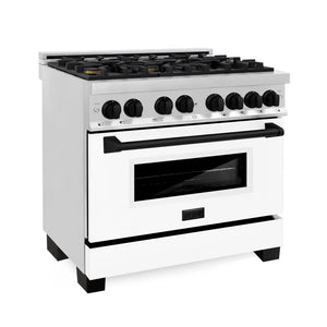 ZLINE Autograph Edition 36 in. 4.6 cu. ft. Legacy Dual Fuel Range with 6 Burner Gas Cooktop and Electric Convection Oven in Stainless Steel with White Matte Door and Matte Black Accents (RAZ-WM-36-MB) main image.