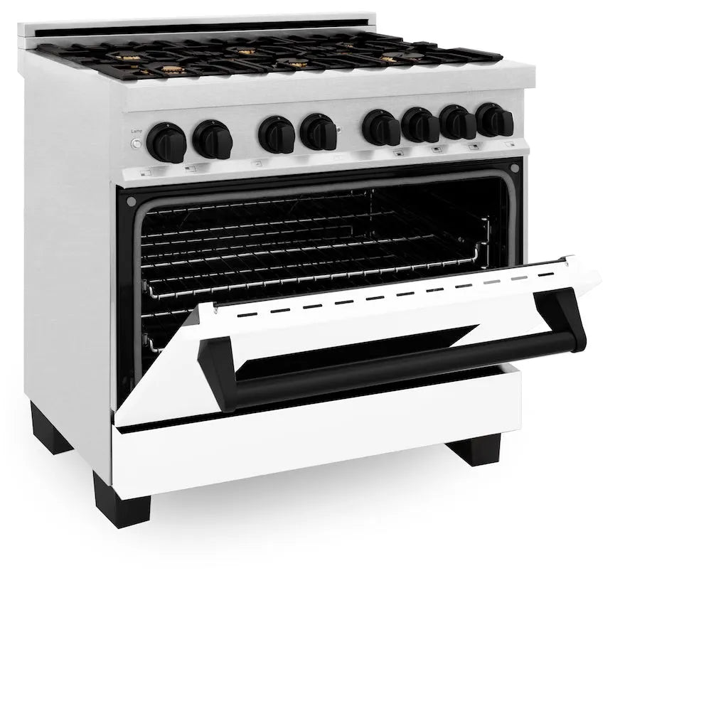 ZLINE Autograph Edition 36 in. 4.6 cu. ft. Legacy Dual Fuel Range with 6 Burner Gas Cooktop and Electric Convection Oven in Satin Stainless Steel with White Matte Door and Matte Black Accents (RASZ-WM-36-MB) side, oven half open.