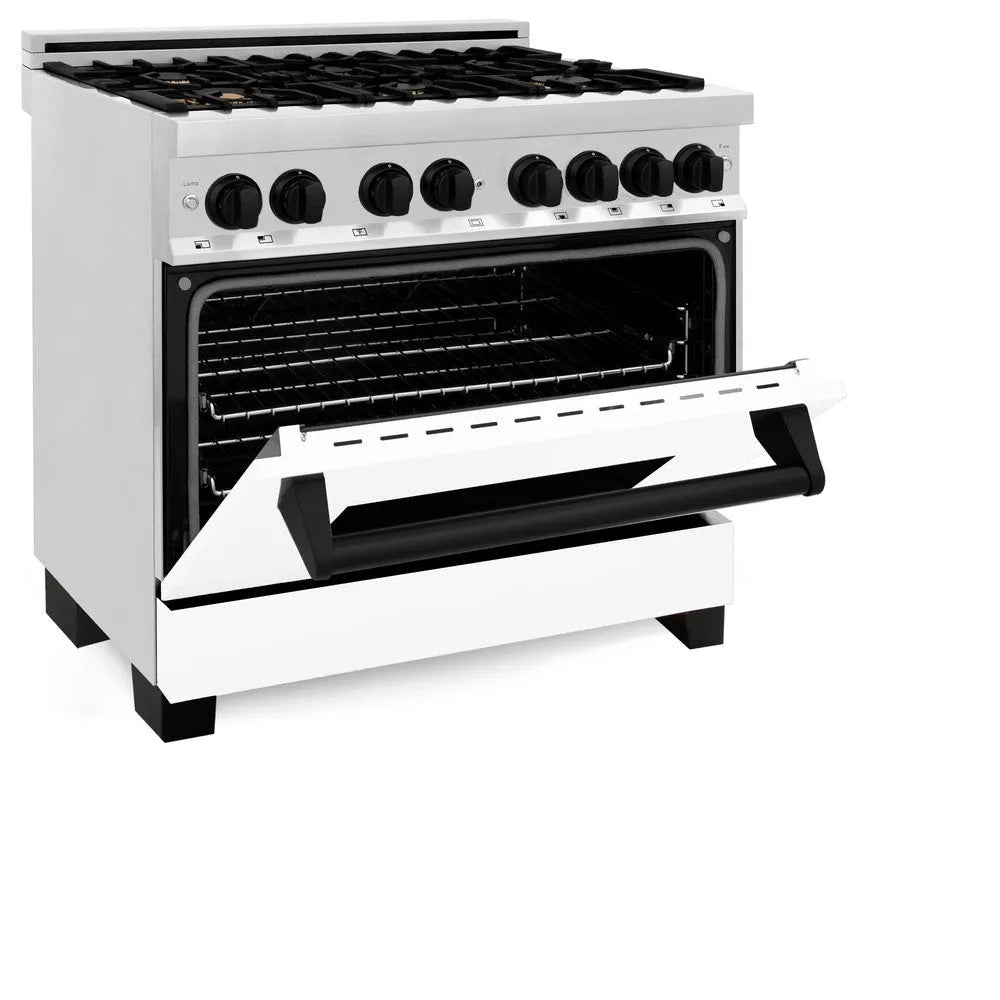 ZLINE Autograph Edition 36 in. 4.6 cu. ft. Legacy Dual Fuel Range with 6 Burner Gas Cooktop and Electric Convection Oven in Stainless Steel with White Matte Door and Matte Black Accents (RAZ-WM-36-MB) side, oven half open.