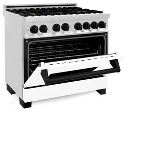 ZLINE Autograph Edition 36 in. 4.6 cu. ft. Legacy Dual Fuel Range with 6 Burner Gas Cooktop and Electric Convection Oven in Stainless Steel with White Matte Door and Matte Black Accents (RAZ-WM-36-MB) side, oven half open.