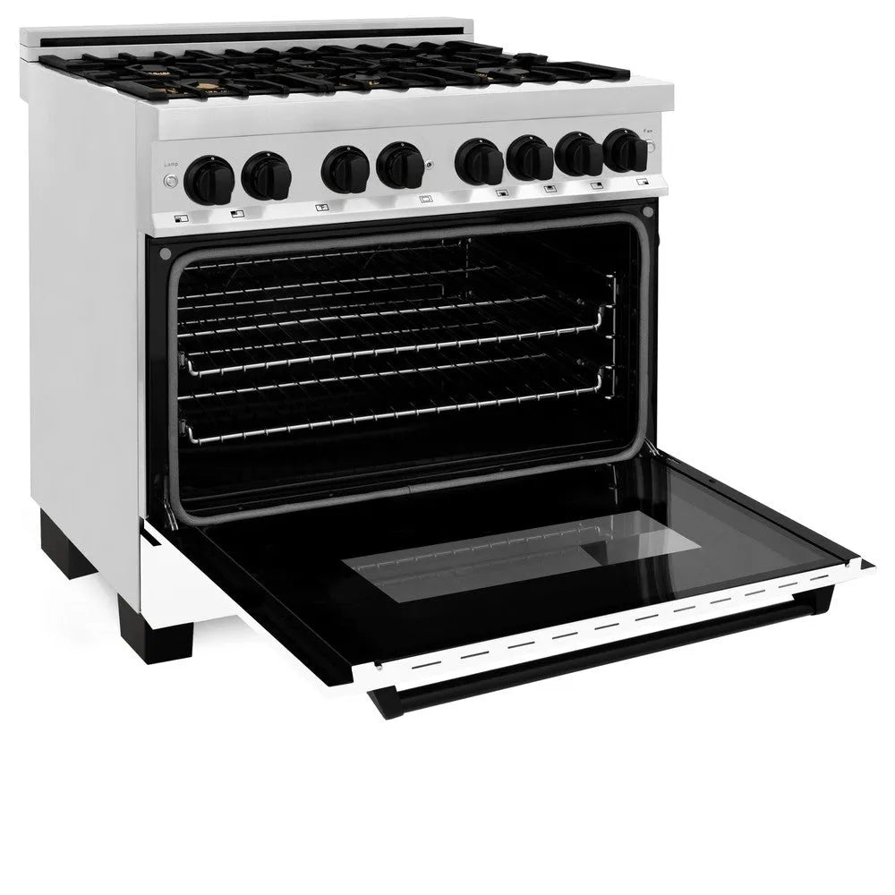 ZLINE Autograph Edition 36 in. 4.6 cu. ft. Legacy Dual Fuel Range with 6 Burner Gas Cooktop and Electric Convection Oven in Stainless Steel with White Matte Door and Matte Black Accents (RAZ-WM-36-MB) side, oven open.