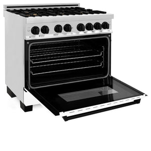 ZLINE Autograph Edition 36 in. 4.6 cu. ft. Legacy Dual Fuel Range with 6 Burner Gas Cooktop and Electric Convection Oven in Stainless Steel with White Matte Door and Matte Black Accents (RAZ-WM-36-MB) side, oven open.