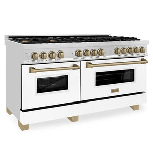 ZLINE Autograph Edition 60 in. 7.4 cu. ft. Legacy Dual Fuel Range with 9 Burner Gas Cooktop and 2 Electric Convection Ovens in Stainless Steel with White Matte Doors and Champagne Bronze Accents (RAZ-WM-60-CB) main image.