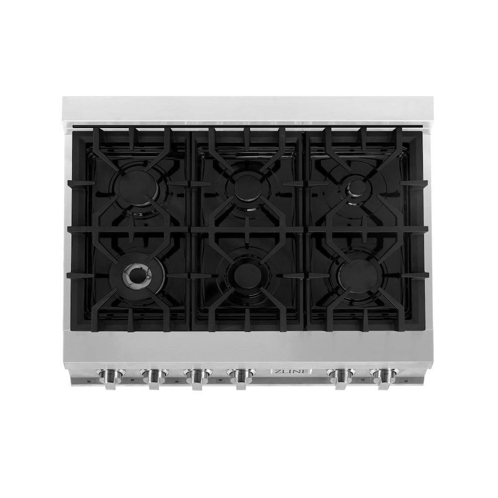 ZLINE 36 in. Legacy Gas Rangetop with 6 Burners and Porcelain Cooktop in Stainless Steel (RT36) top-down, above cooking surface.