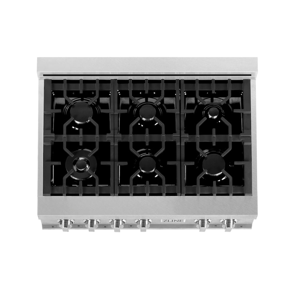 ZLINE 36 in. Porcelain Rangetop in DuraSnow® Stainless Steel with 6 Gas Burners (RTS-36) overhead, top down.