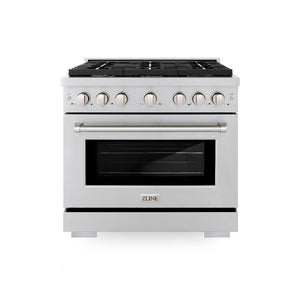ZLINE 36 in. 5.2 cu. ft. Paramount Dual Fuel Range with 6 Burner Gas Cooktop and Electric Convection Oven in Stainless Steel (SDR36) front, oven closed.