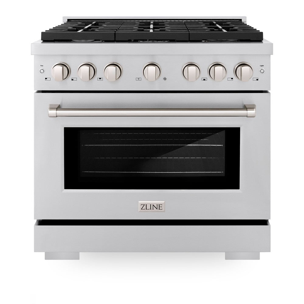 ZLINE 36 in. 5.2 cu. ft. Paramount Dual Fuel Range with 6 Burner Gas Cooktop and Electric Convection Oven in Stainless Steel (SDR36) front, oven closed.