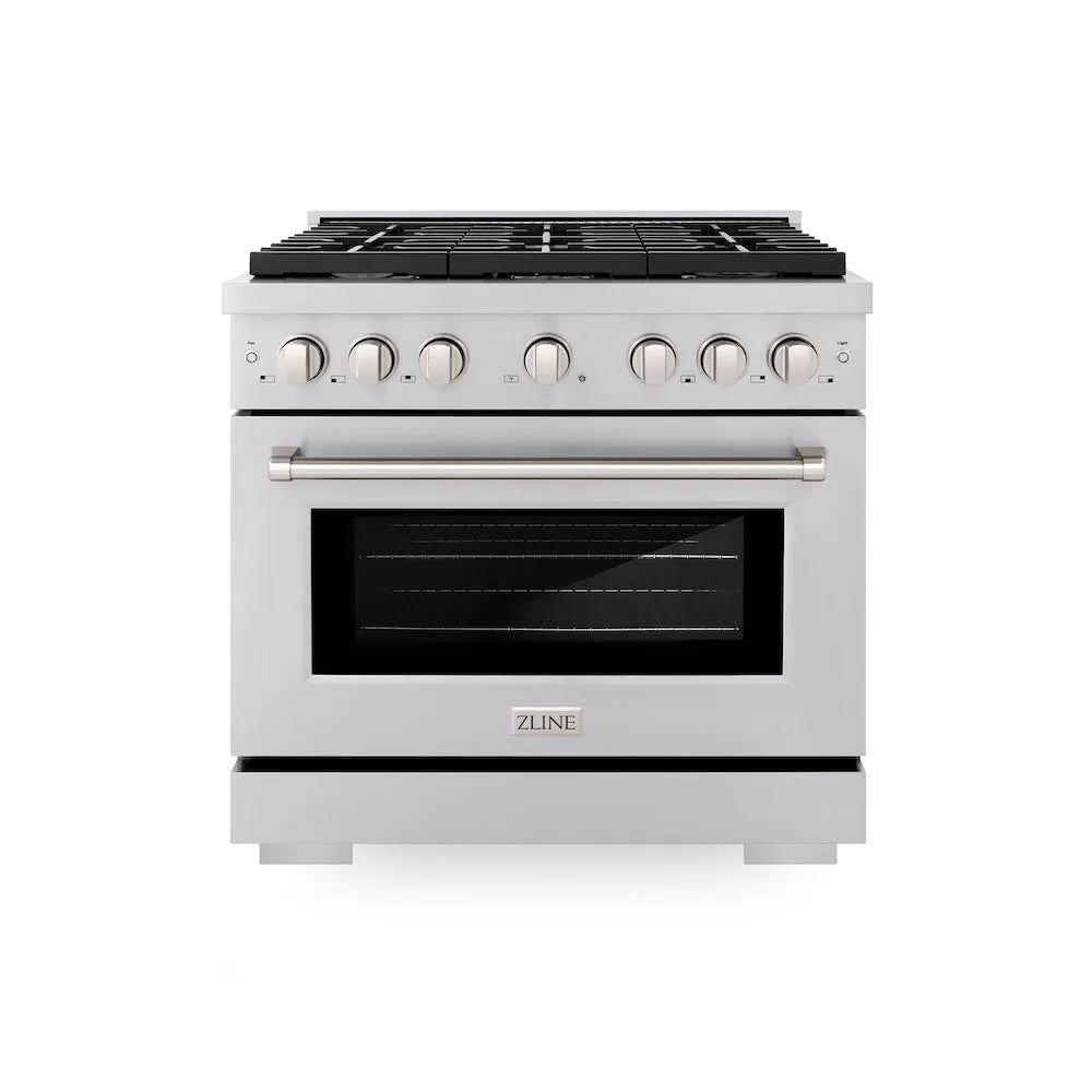 ZLINE 36 in. 5.2 cu. ft. Paramount Gas Range with 6 Burner Cooktop and Convection Gas Oven in Stainless Steel (SGR36) front.