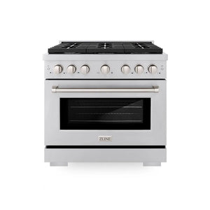 ZLINE 36 in. 5.2 cu. ft. Paramount Gas Range with 6 Burner Cooktop and Convection Gas Oven in Stainless Steel (SGR36) front.