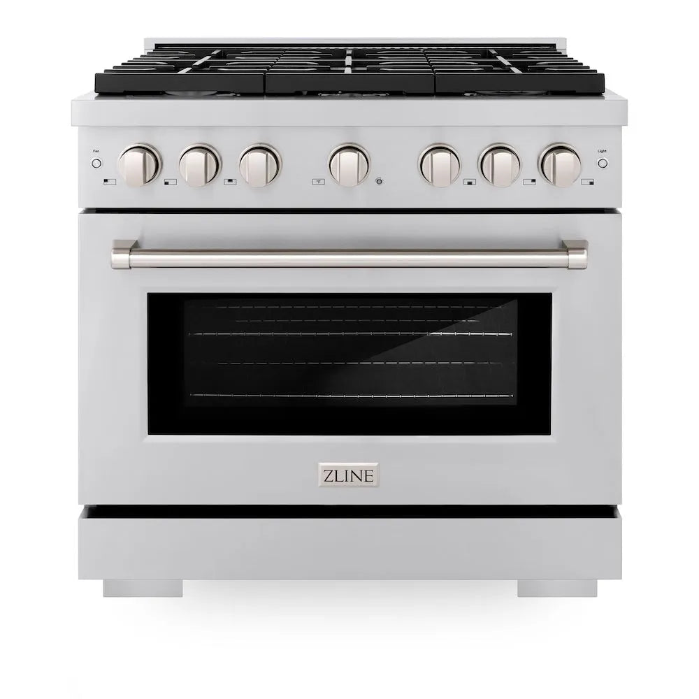 ZLINE 36 in. 5.2 cu. ft. Paramount Gas Range with 6 Burner Cooktop and Convection Gas Oven in Stainless Steel (SGR36) front, oven closed.
